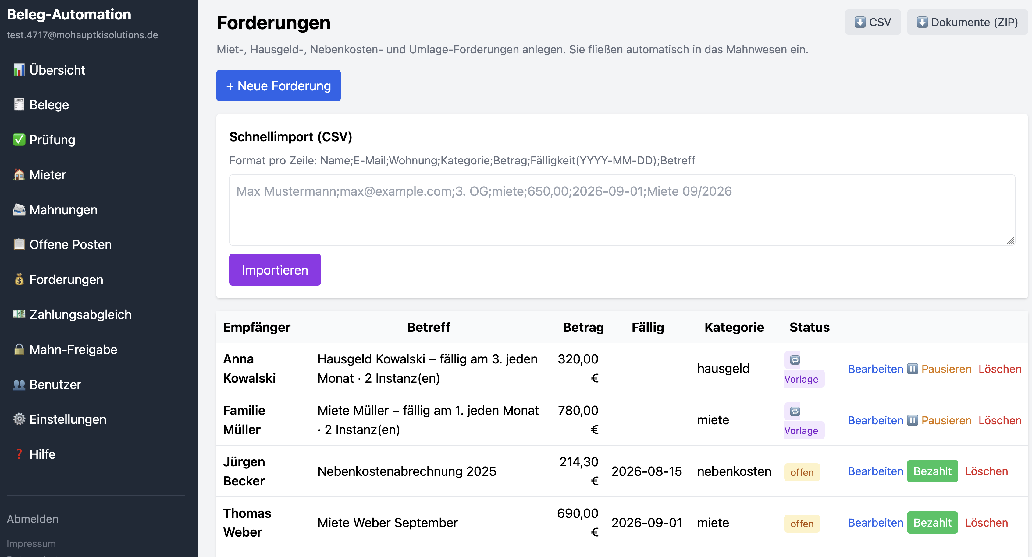 Wiederkehrende Forderungen als Serie