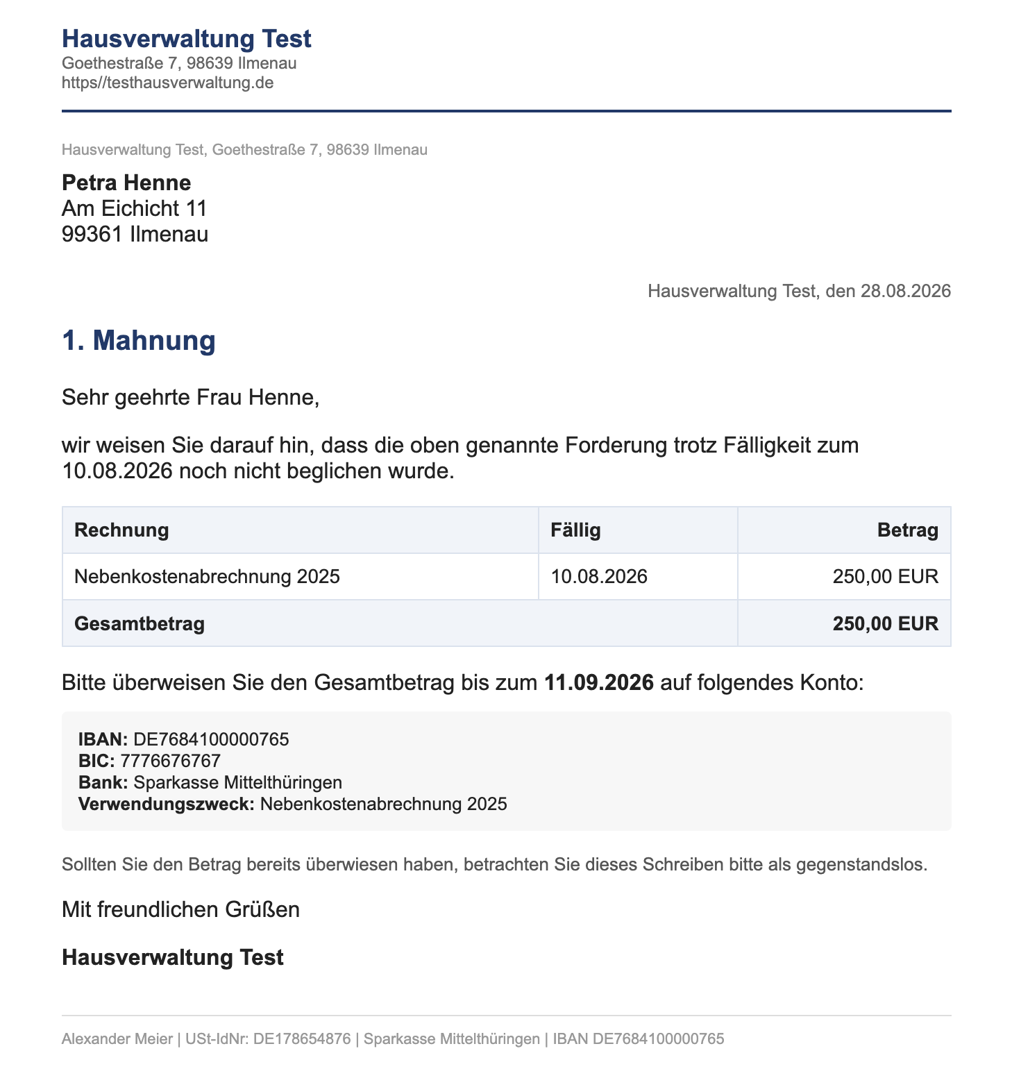 Automatisch erzeugte Mahnung