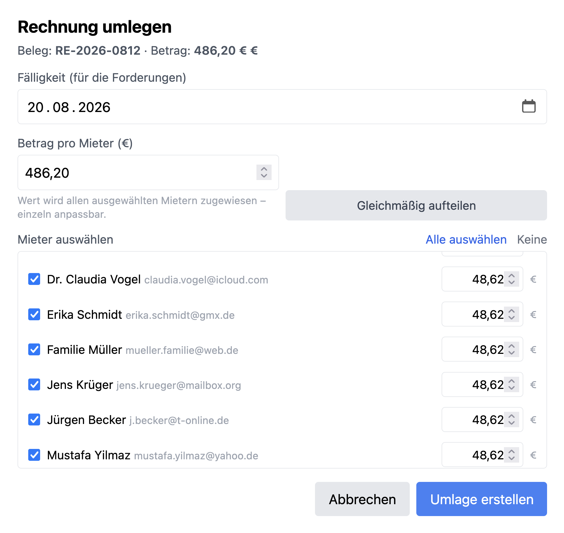 Rechnung auf mehrere Mieter umlegen
